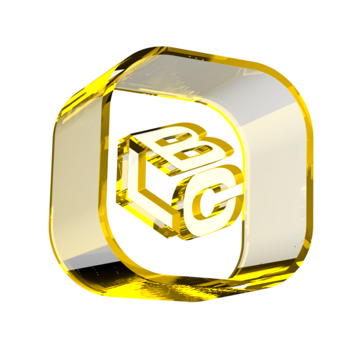 Logo dourado do LCbank com as letras L, B e C em 3D