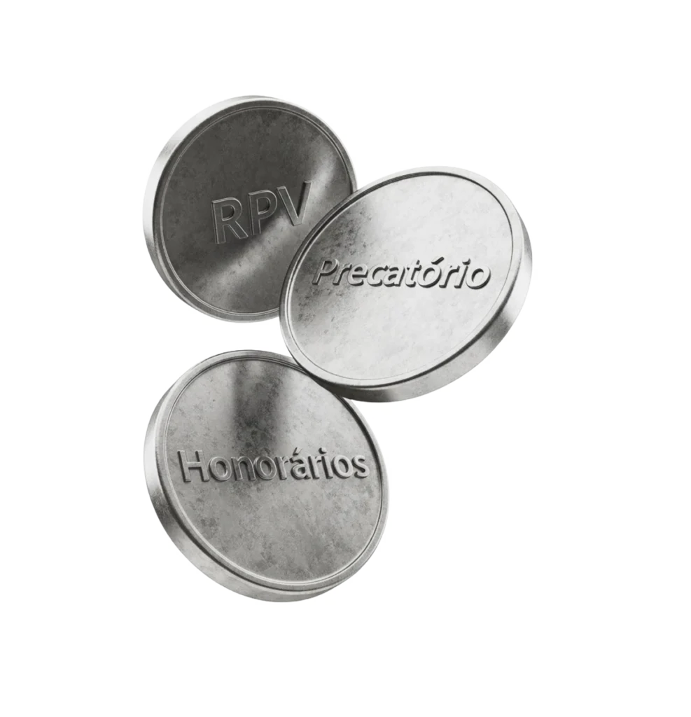 Moedas de metal com RPV, Precatório e Honorários em relevo.