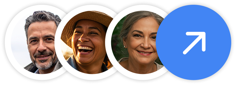 Três rostos sorridentes de pessoas diversas e um ícone de seta para cima, representando NOVO.